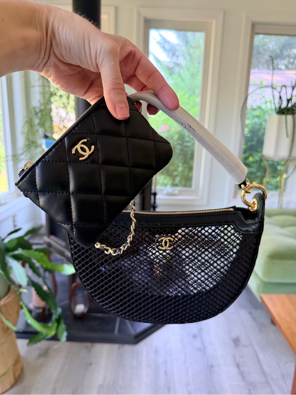 BRAND NEW in Box Chanel Makeup Black 1/2 Moon Netted Bag w Detachable Coin Purse